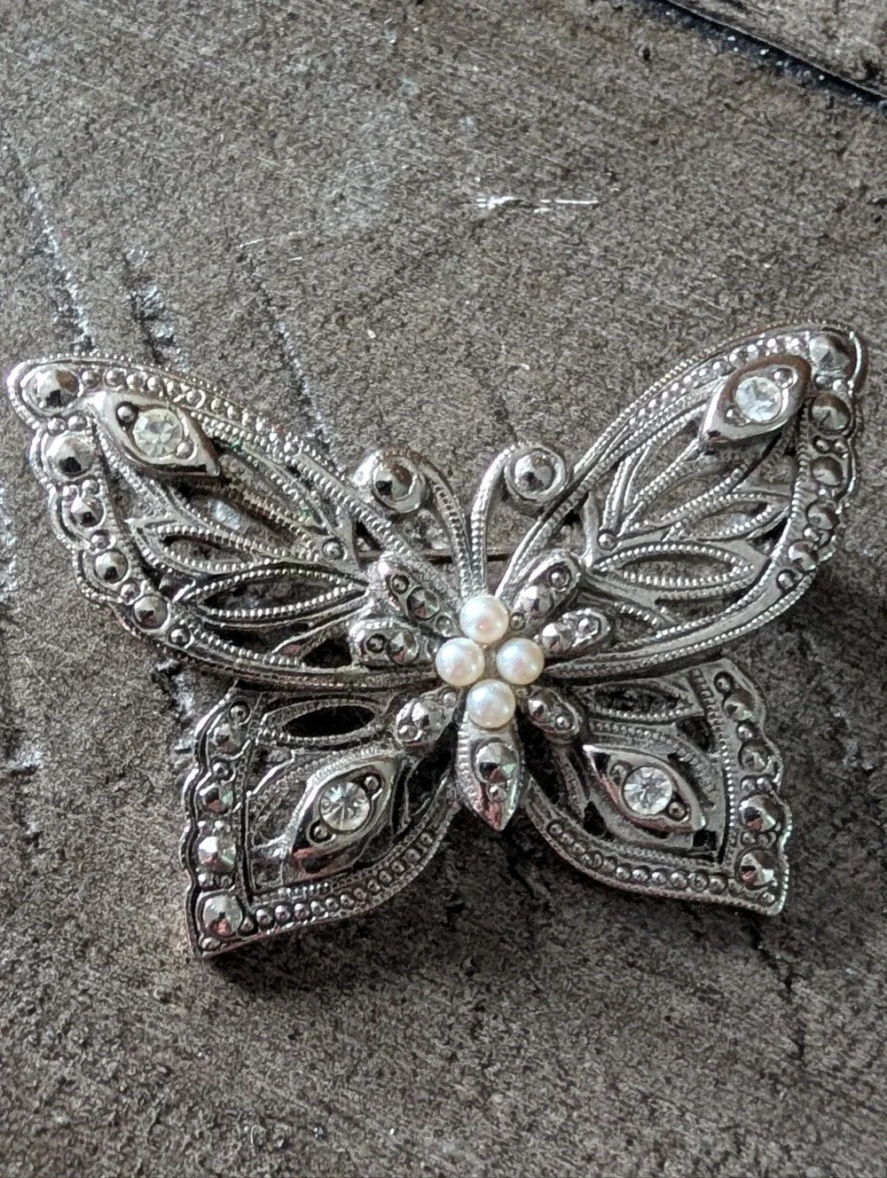 Vintage Avon Butterfly Brooch with Faux Pearl And Clear Rhinestone Accents